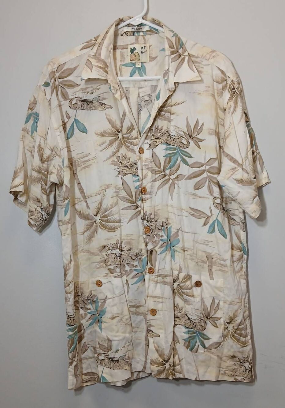 Vtg  m.e sport mens large Hawaiian shirt alligator tan cream shortsleeve button